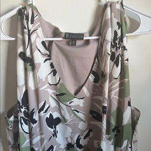 Bobeau V-Neck Floral Blouse - Green, Black, and Tan